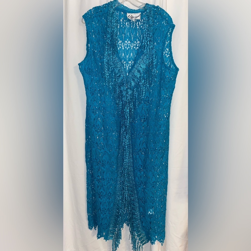 Lucky & Blessed Turquoise Lace Pattern Fringe Trim Sleeveless Duster Size SM